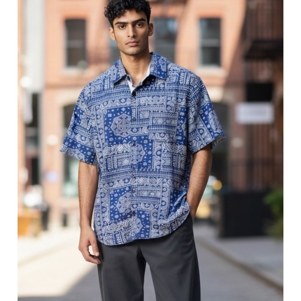 English Laundry Shirt Men's Small Blue Short Sleeve Patchwork Button Up